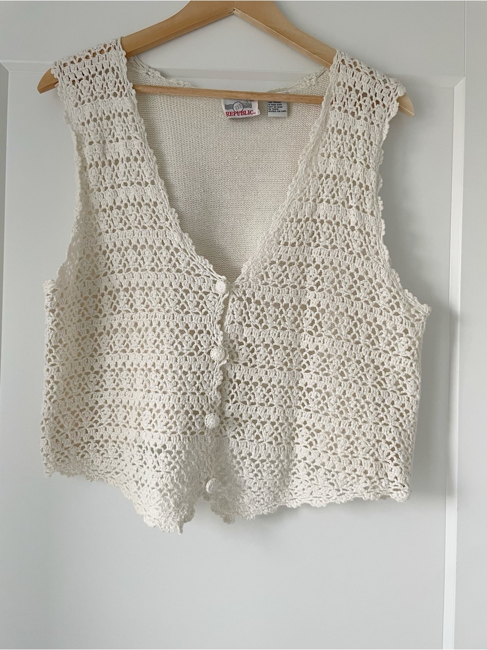 Vintage 90s Denim Republic Cotton Ramie Crochet Vest Medium